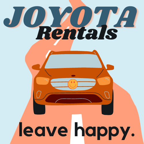 car on road title: JOYOTA Rentals subtitle: leave happy.