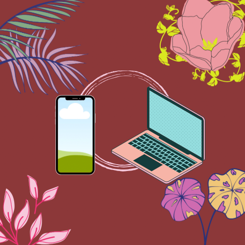 pic of phone and computer with a bunch of digital flowers around